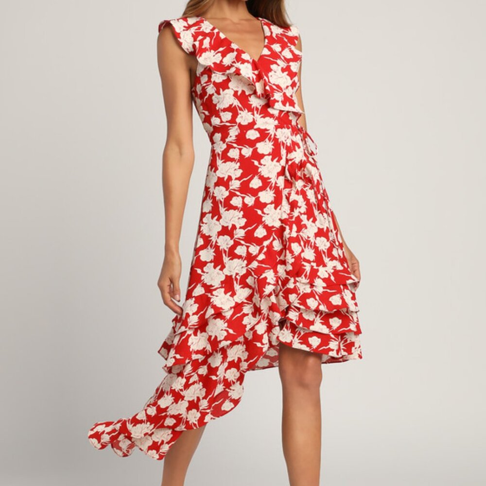 Lulus "All The Lovely Days" Red Floral Print Asymmetrical Wrap Dress - Size S